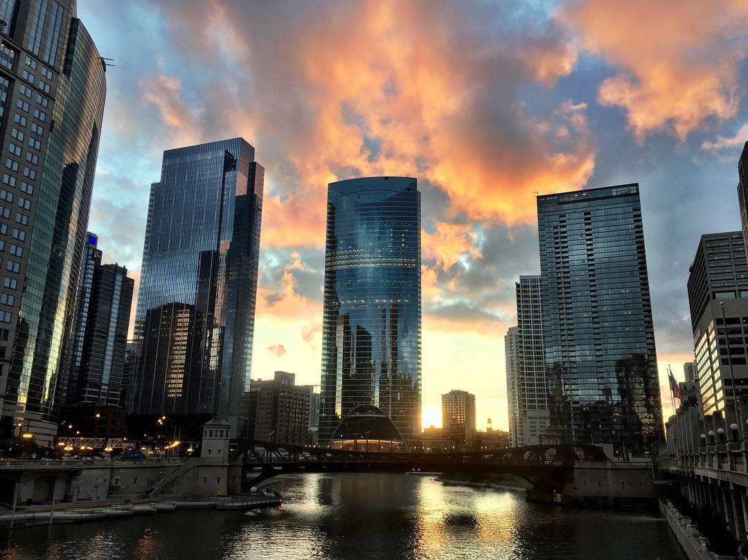 Downtown Chicago skyline at golden hour